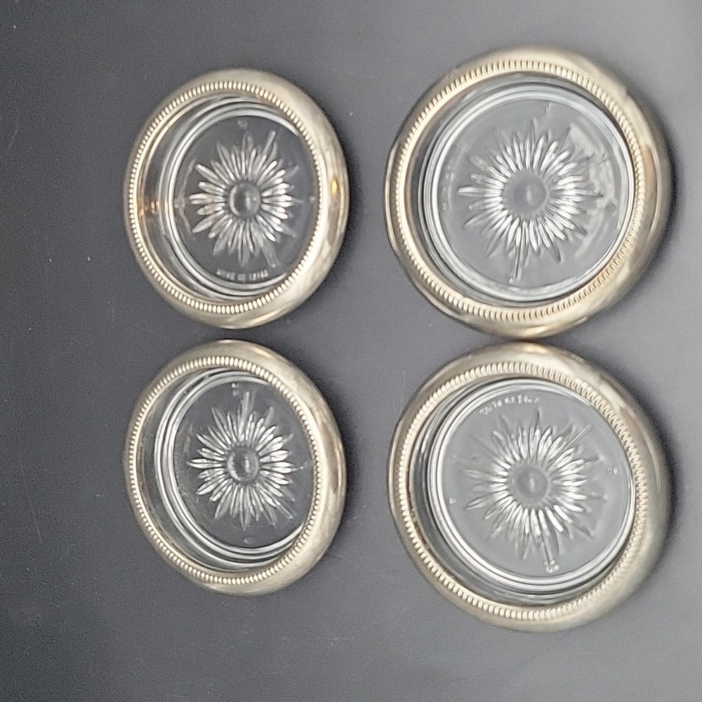 Set of 4 Vintage MCM Frank Leonard Silver Plate Starburst Glass Coasters Italy